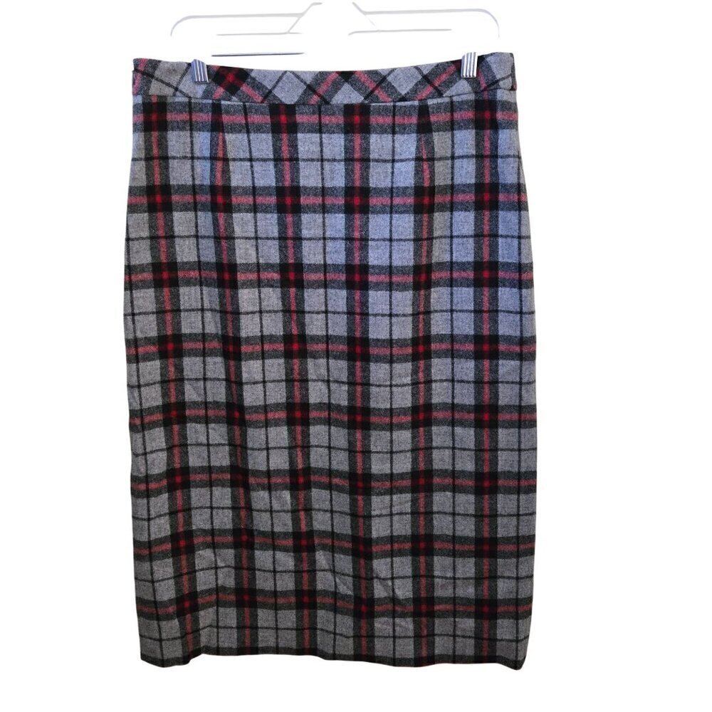 Pendleton Vintage Wool Made In USA Gray Red Plaid Faux Wrap Midi Skirt Size 10p - Picture 2 of 6